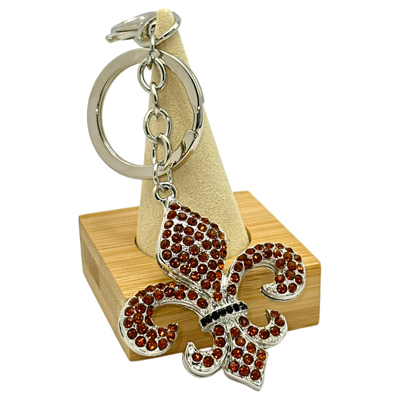 Fleur de Lis Keychain Orange & Black Rhinestones, Split Key Ring & Clip Gift Bag - Picture 2 of 4